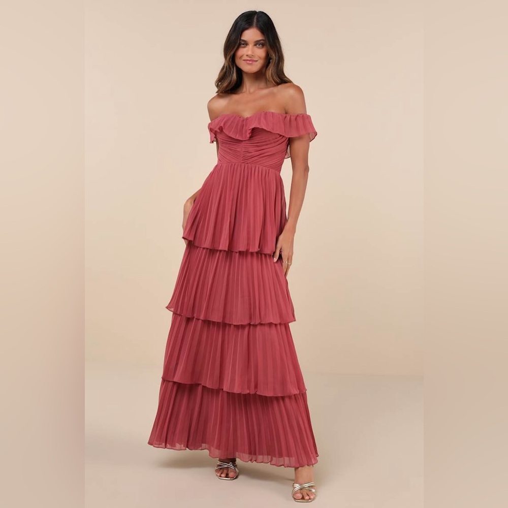 Lulu's Always Remarkable Rusty Rose Pleated Off the Shoulder Maxi Dress